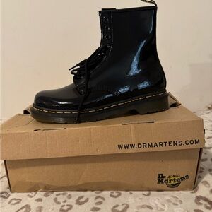 Dr. Martens Shiny Black Boots with Yellow Stitching